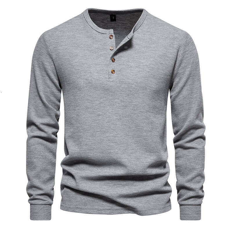 Amazon's new autumn and winter for men, four-button waffle knit Henry collar men's long-sleeve T-shirt