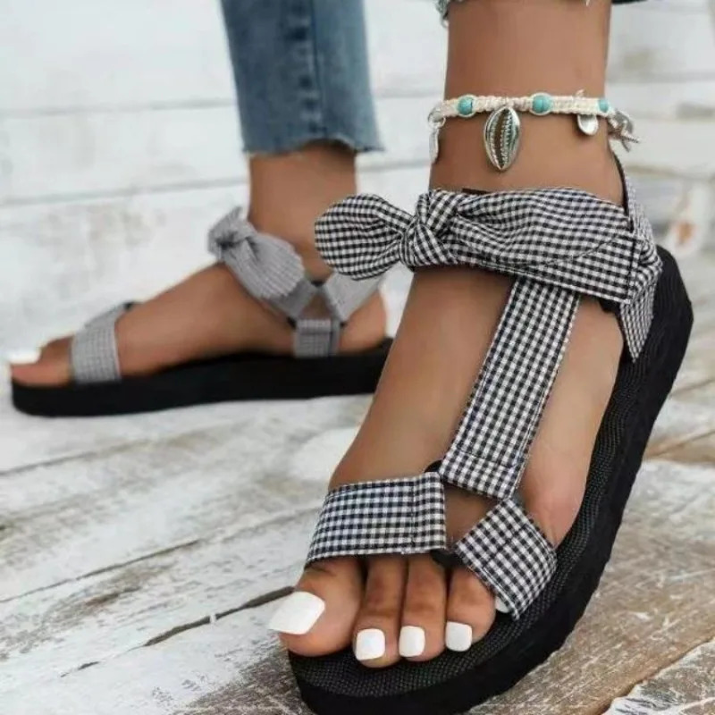 Summer Women Casual Sandals Color Flat Casual Lace Up Bow Shoes for Ladies Fashion Outdoor Leopard Beach Mujer Plus Size 43 260305