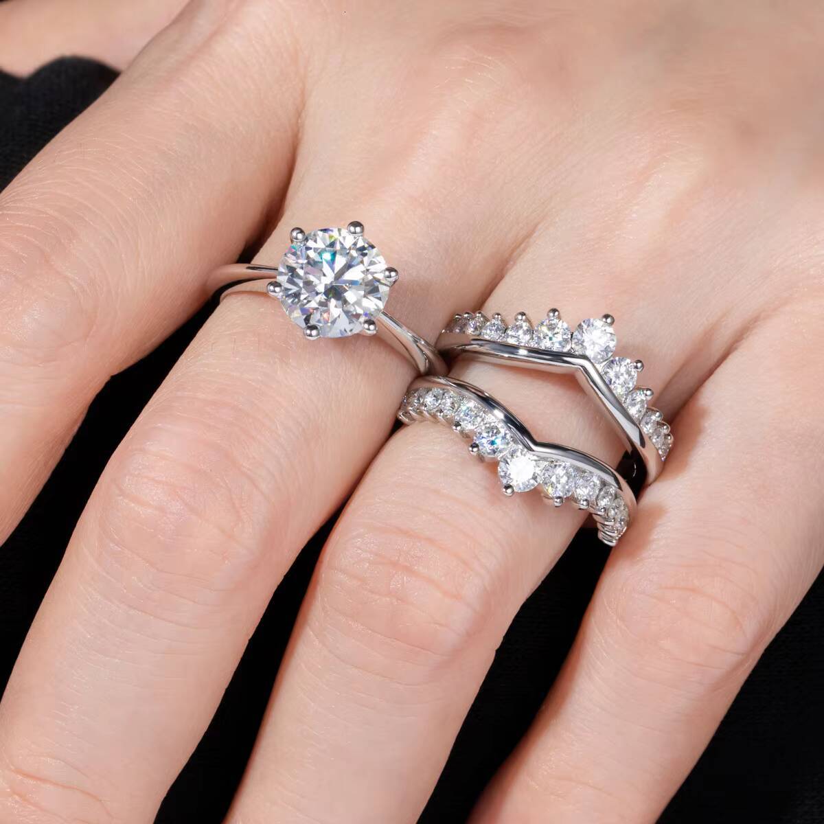 PYQ Luxury 3 Moissanite Ring Set 925 Sterling Silver Subtle High-End Wedding Exclusive Design