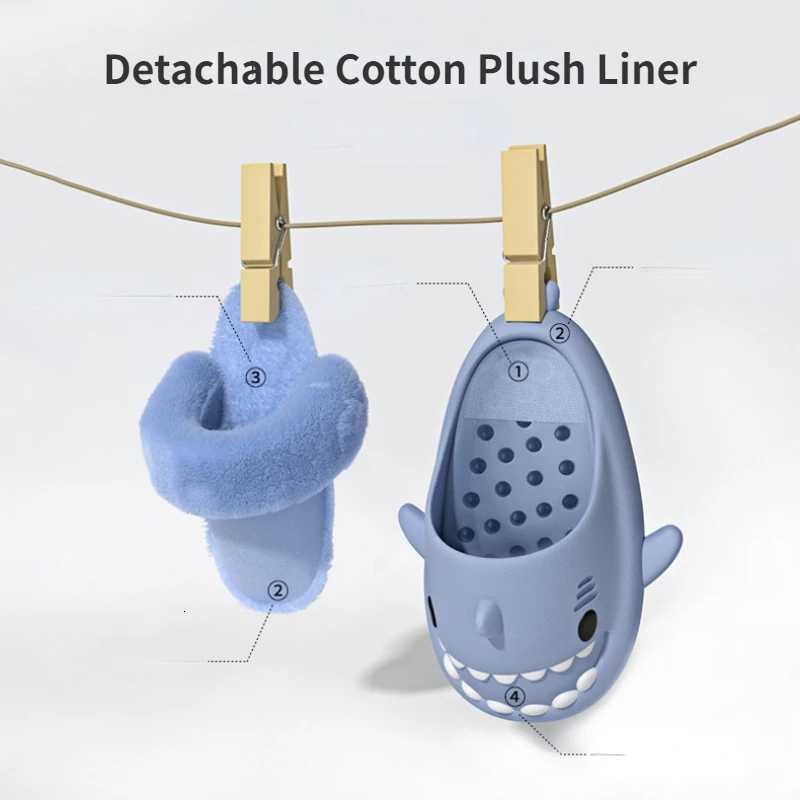 MenS Winter Plush Shark Slippers Couple Adults Warm Fluffy Slides Soft Household Cartoon Indoor Detachable Home Cotton Shoes S260305
