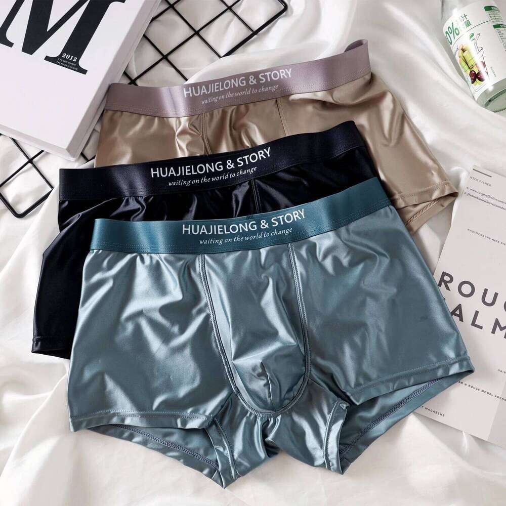 1/3Pcs Breathable Thin Satin Boxer Briefs Seamless Mid Waist Ice Silk Boxers Underpants Smooth Underwear for Men Daily