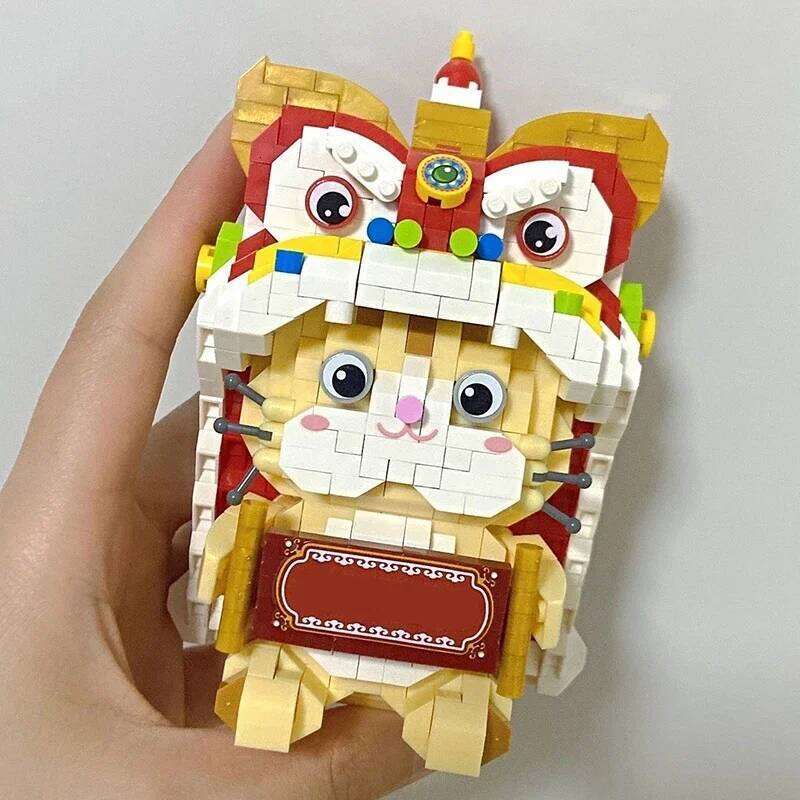 Mini Building Blocks New Year's Beast Lion Cat Animal Model Assembly Ornaments Toys Gifts for Adults and Children Z260306