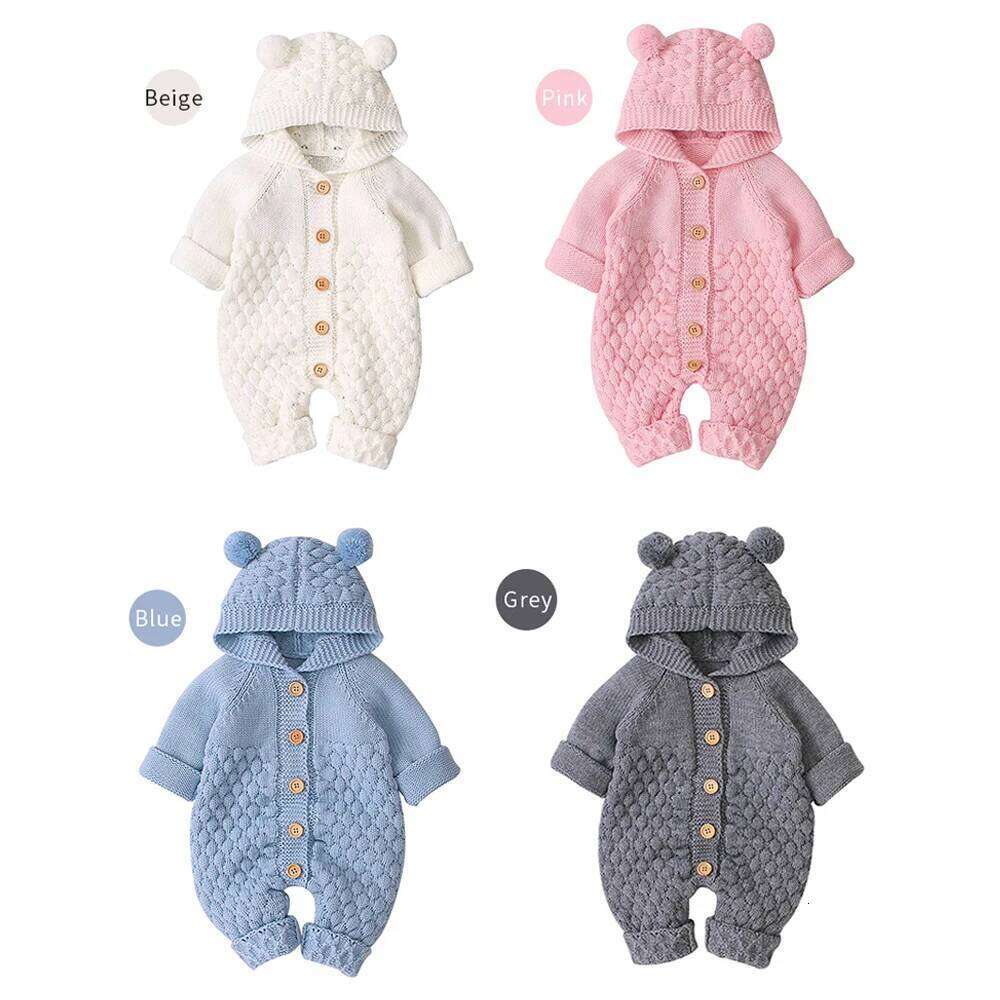 2020 Autumn Winter Newborn Sweater Baby Boy Girl Clothes Romper Bear Ear Knit Hooded Jumpsuit Outfit Clothing Z260306