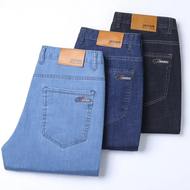 Ice Silk Thin Denim Jeans for Men Blue Straight Stretch Cotton Pant Business Casual Lightweight Trousers Spring Summer 260228