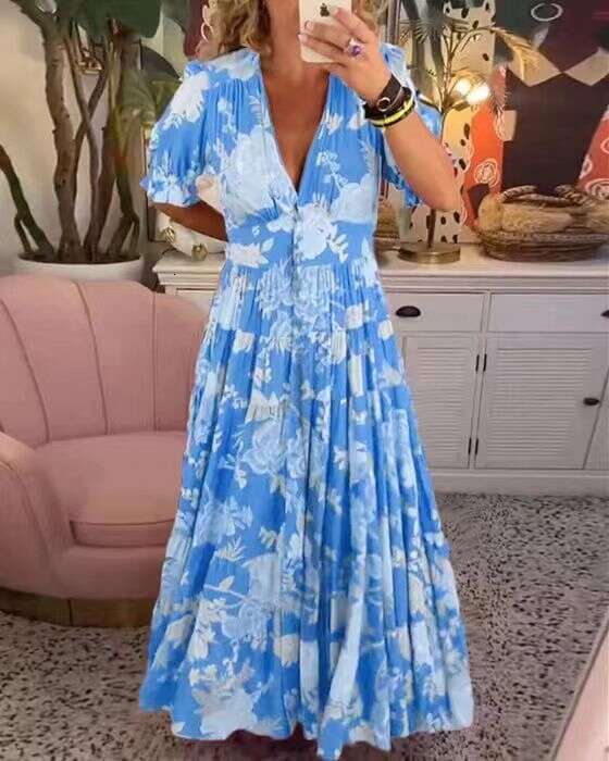 2026 New Plus Size Super Elegant High-Stretch V-Neck Floral for Beach Vacation, Loose Long Dress