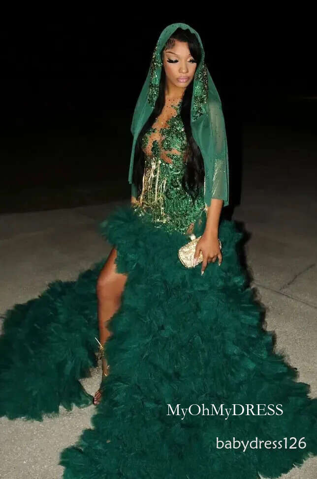 Luxury Emerald Green Ruffles Tulle Prom Aso Ebi Sweetheart Exquisite Lace Beaded Special Occasion Evening Gowns Fishtail High Split Engagement Dress 0