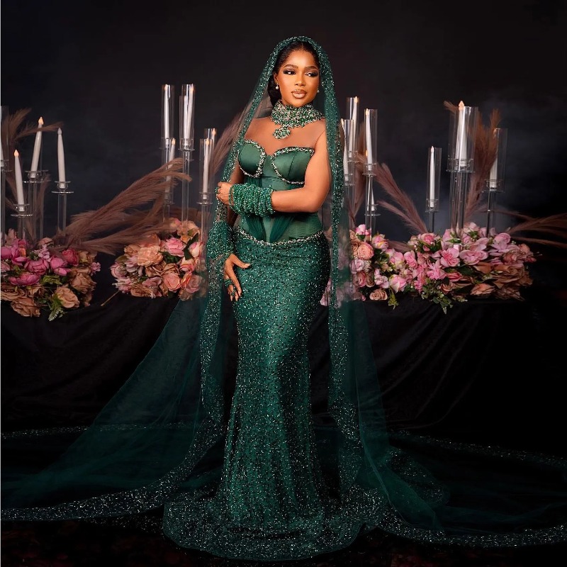 African Green Beaded Mermaid Prom Dresses With Veil Crystals Sheer Long Sleeve Aso Ebi Style Formal Special Ocn Gowns 0302