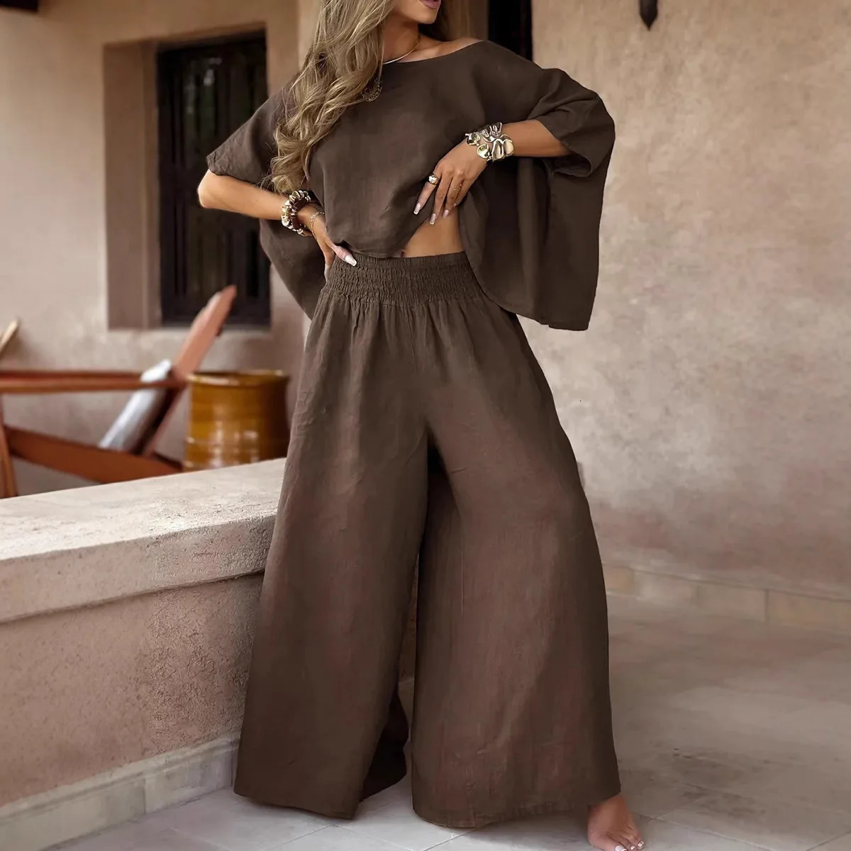 Spring Cotton Linen Women Suit Black Oversize Loose Top Wide-leg Pants Set Female Summer Trendy Casual Elegant Suits Ladies 260305