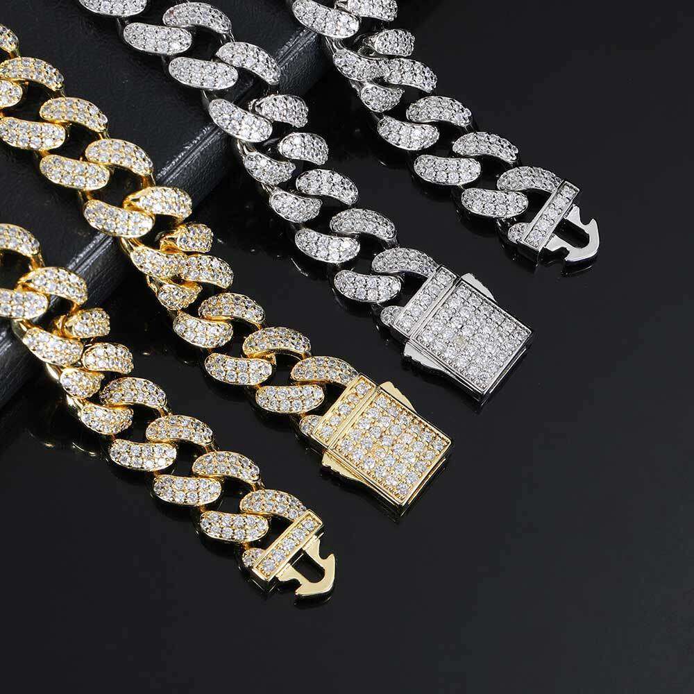 European and American 12mm Spring Snap Double Row Zircon Cuban Chain Trendy Personality High-Quality Men's Hip-Hop Necklace