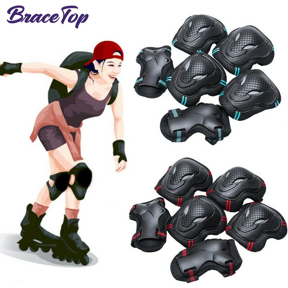 BraceTop 6Pcsset Teens Adult Knee Pads Elbow Wrist Guards Protective Gear for Roller Skating Skateboarding Cycling Sport 260228