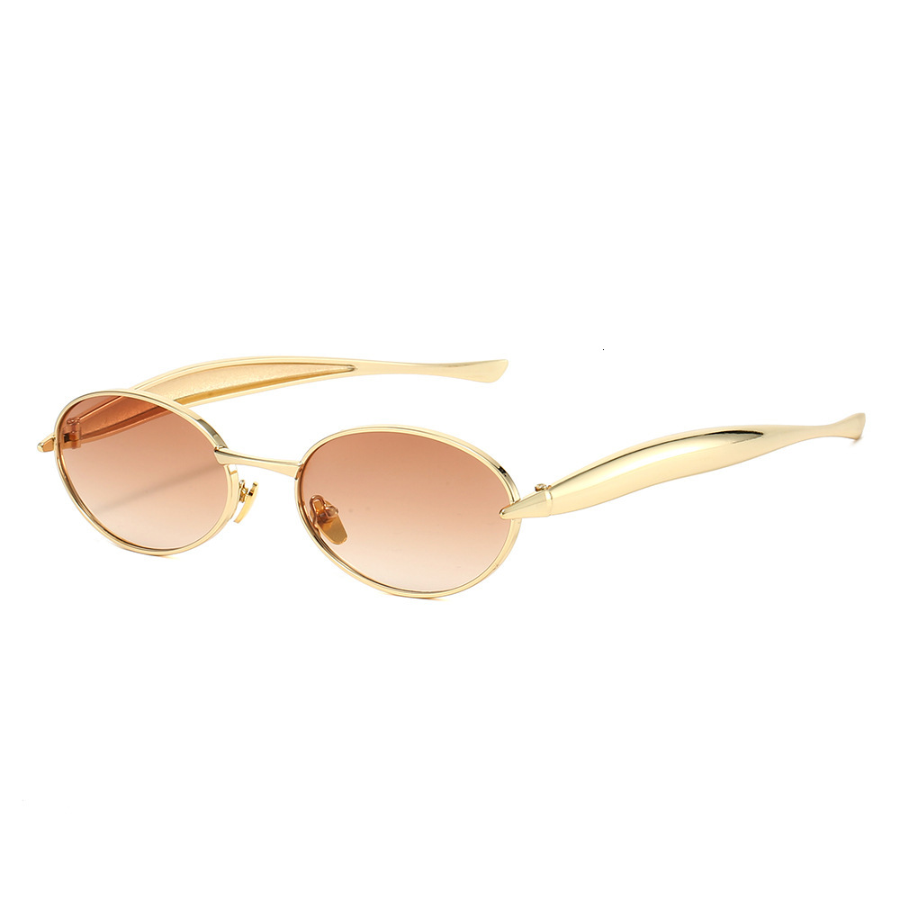 New European American oval small-frame sunglasses for men women, featuring high-end, fashionable, and unique design with a metallic trendy look