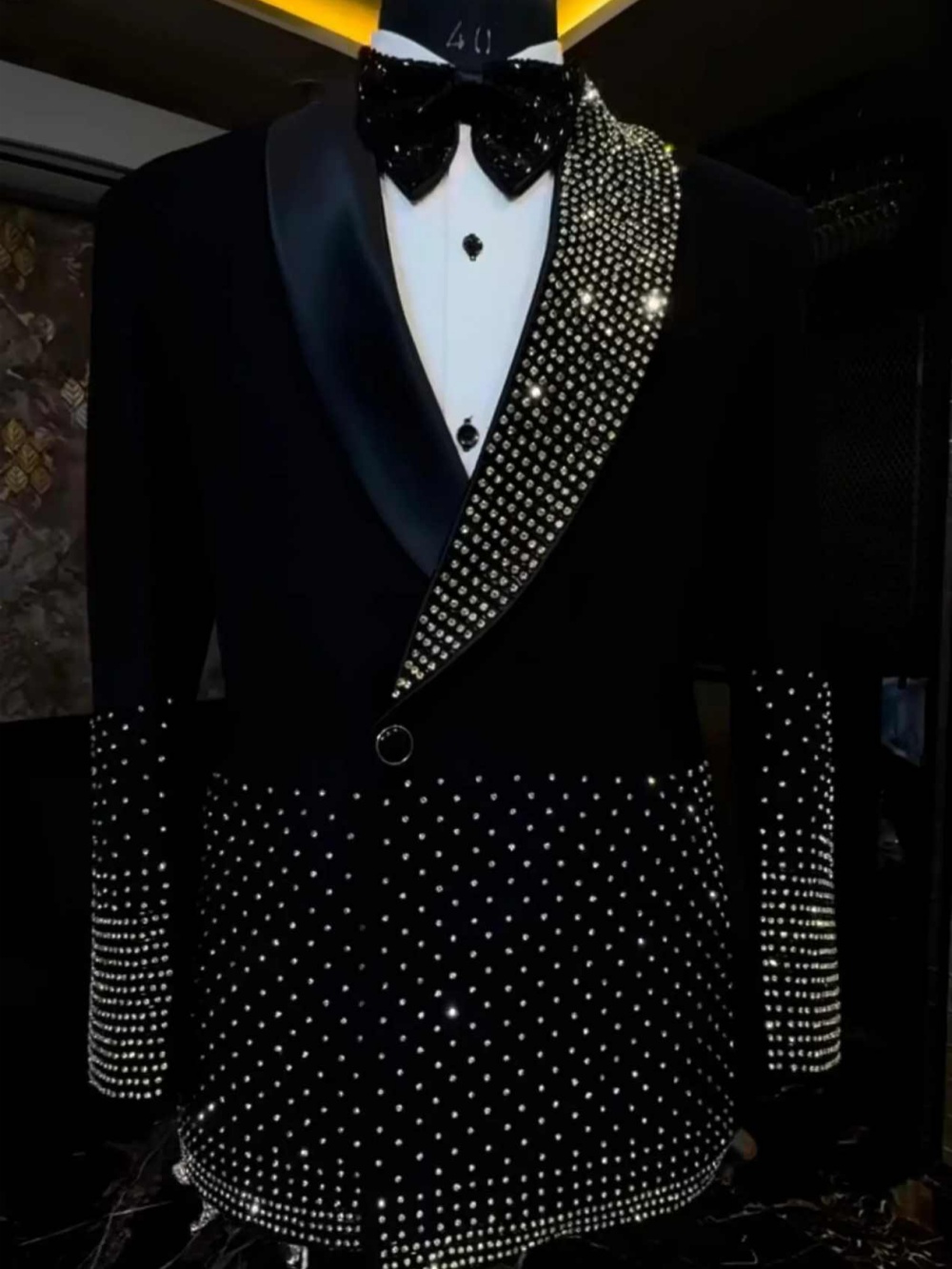 Luxury Men Suits Shawl Lapel Double Breasted Male Prom Blazers Crystals Loose Fit 2 Pieces Customized Trajes Para Hombre