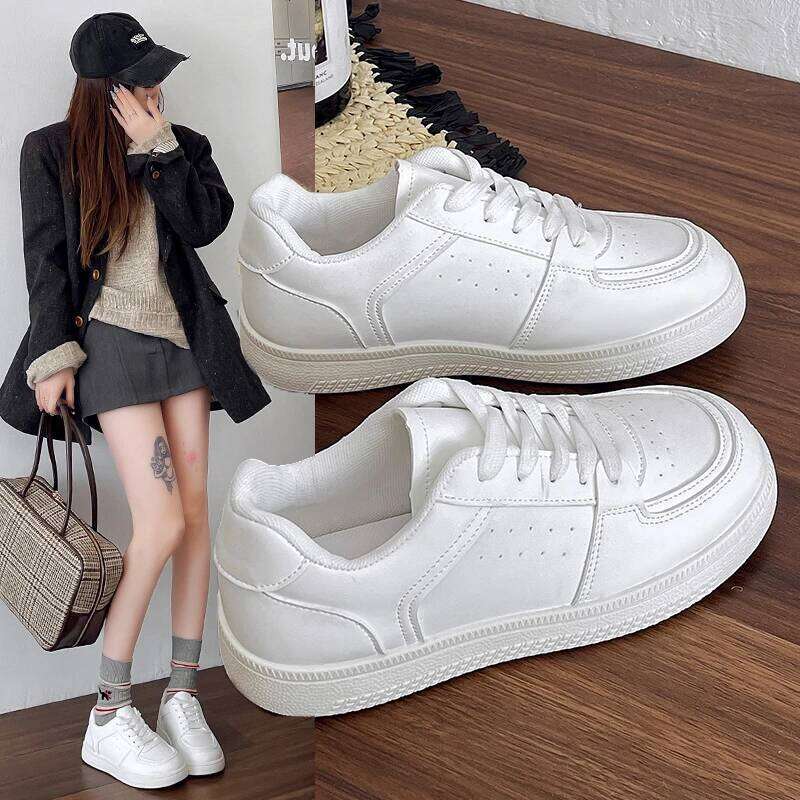 2025 Spring Women's Outdoor Sports Solid Color White Faux Leather Lace-Up Shoes Athletic Sneakers For Casual Activit