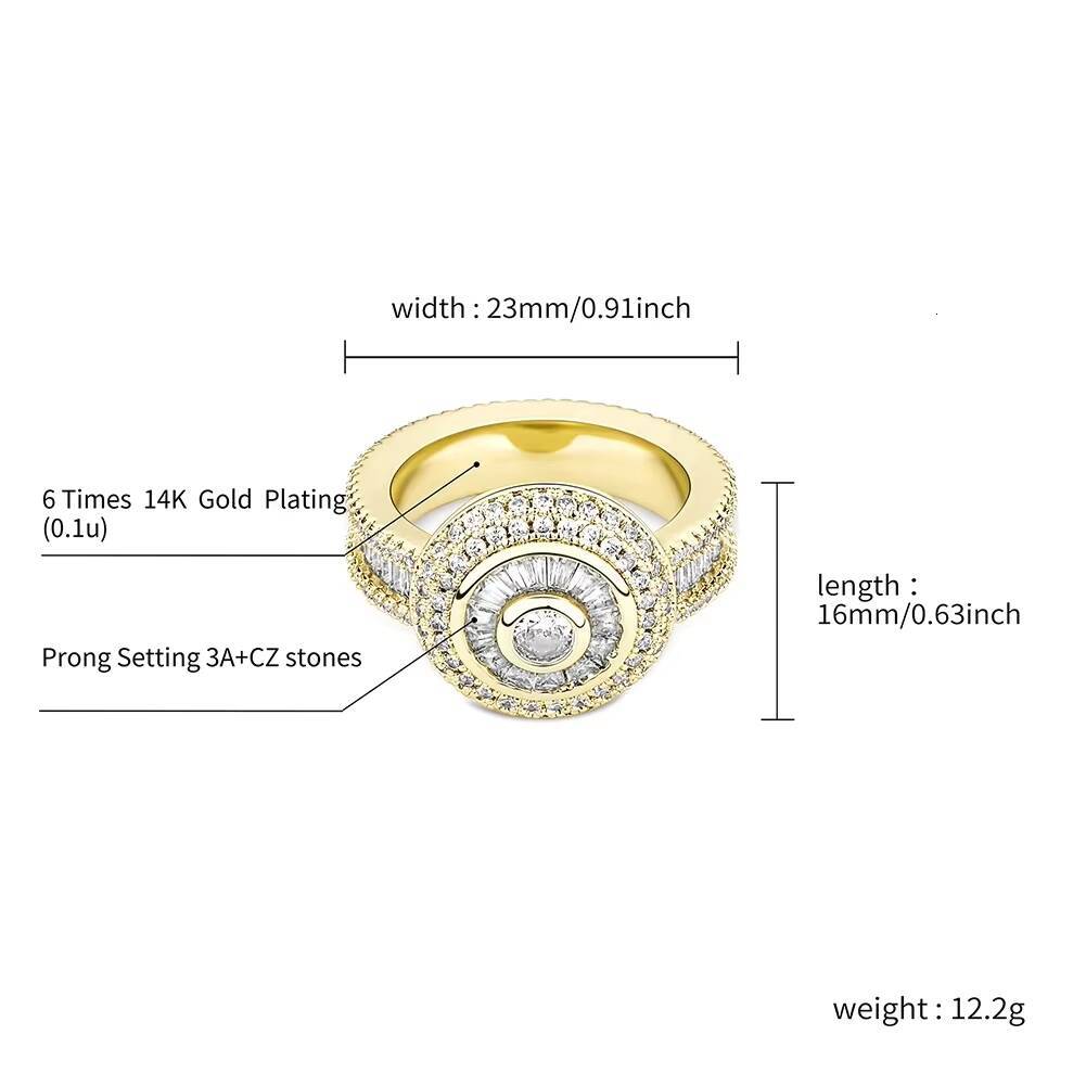 New Iced Out Baguette Zircon Rings Brass Real Gold Plated High Quality Hip Hop Lab Diamond Punk Jewelry for Men Women Party Gift