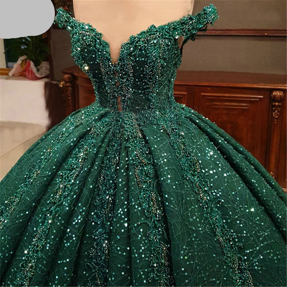 Arabic Muslim Green Sequins Beading evening Dress v neck Off Shoulder Lace Evening Party Gowns Sweep Train robes de soiree