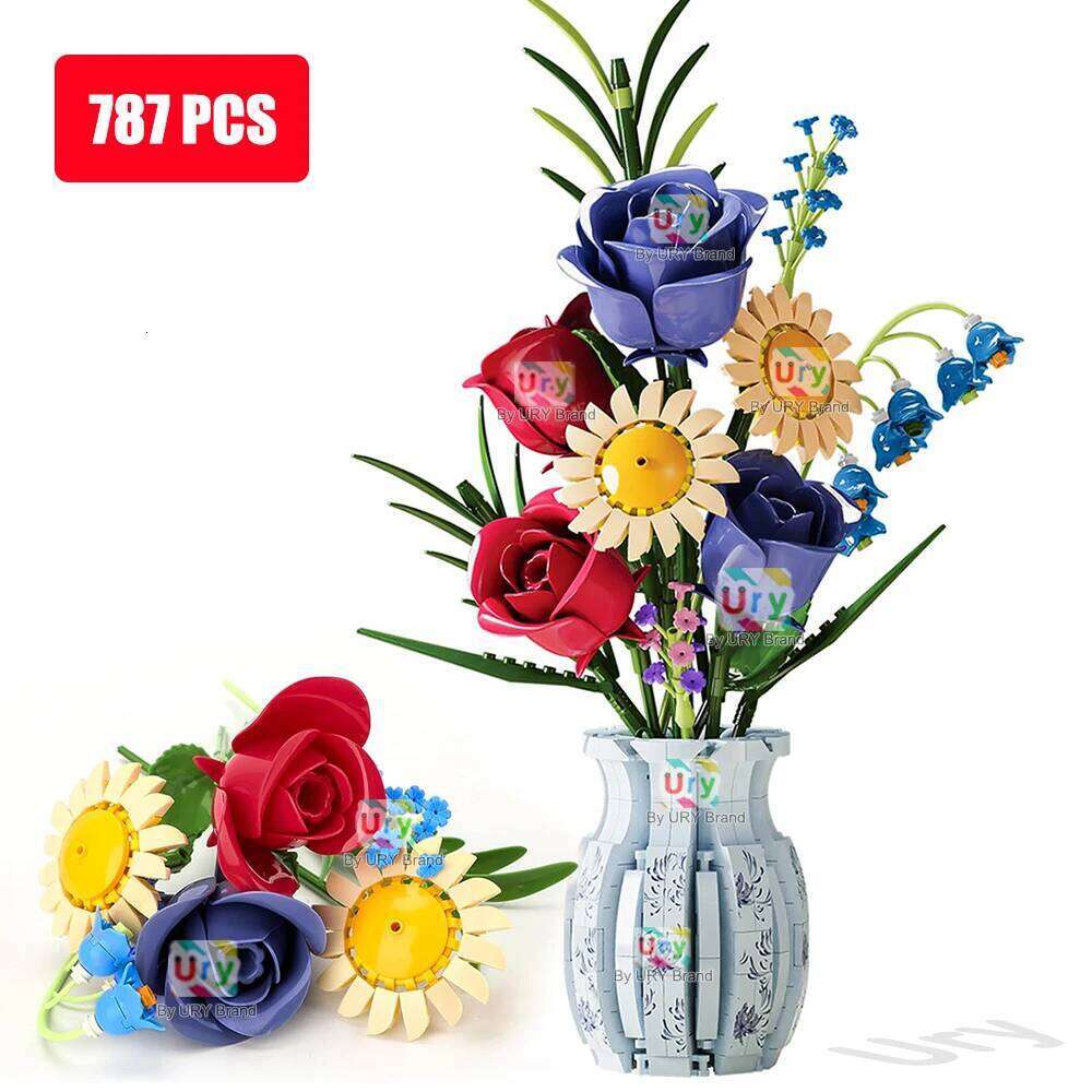 Flower Bouquet 3D Daisy Rose Lily of The Valley with Vase Set Building Block Model Home Decoration Valentine's Day Gift for Girl Z260305
