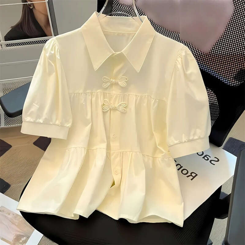 New Chinese style short sleeved shirt for women's summer fluffy sleeve shirt, loose top for women's casual loose neck shirt, suitable for co