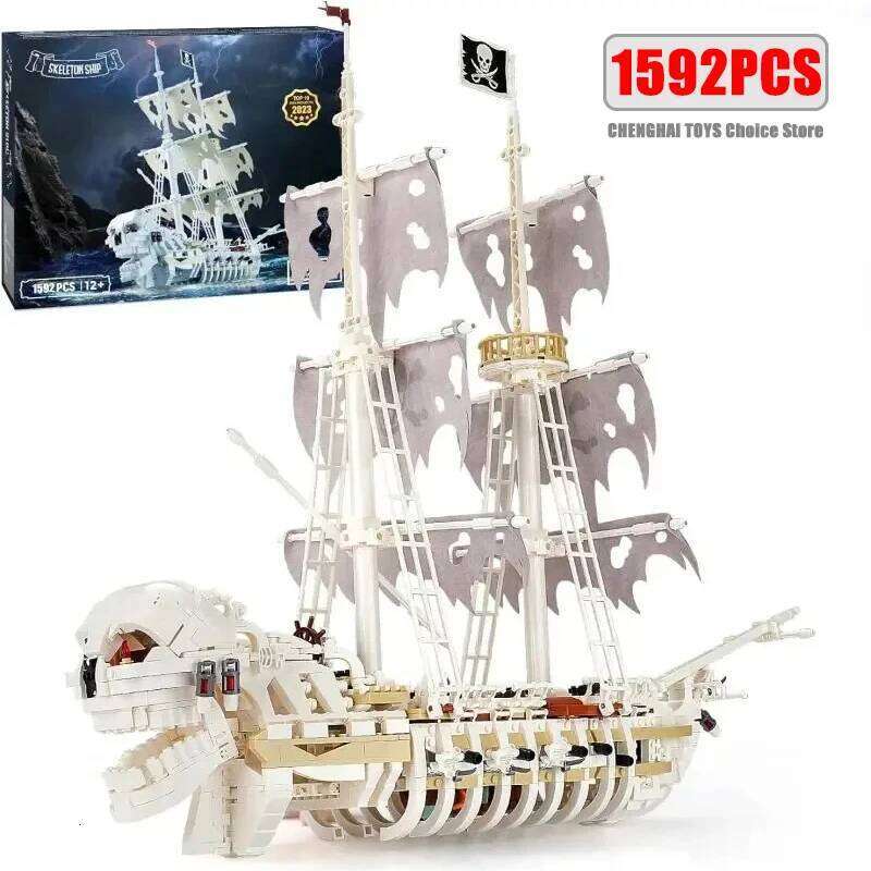 1592PCS Skeleton Ghost Building Blocks Storm Pirate Ship Model Bricks Desktop Decoration Ornaments Kids DIY Toys Idea Gifts Z260306