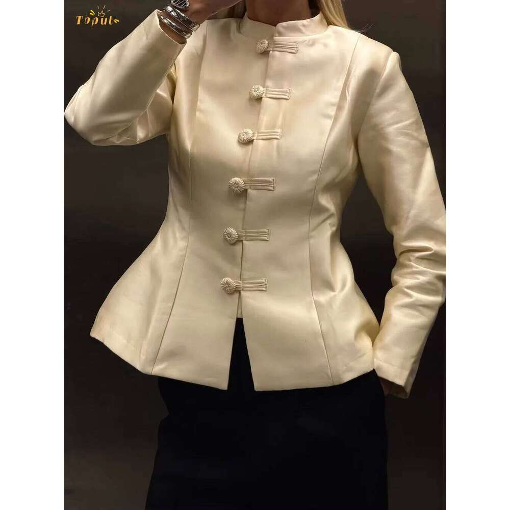 Elegant Satin Knot Button Short Coat Women Full Sleeve Waist Cinching Single Breasted Jacket 2026 Lady Spring Commute Outerwear Asia Size