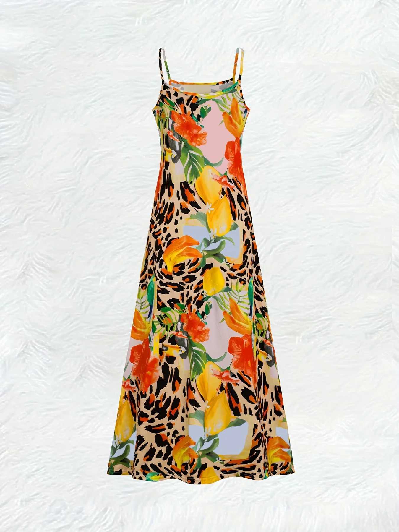 Printed Design Leopard Print Red Flowers Yellow Fruits Pink Beige Spaghetti Strap Maxi Dress X260306