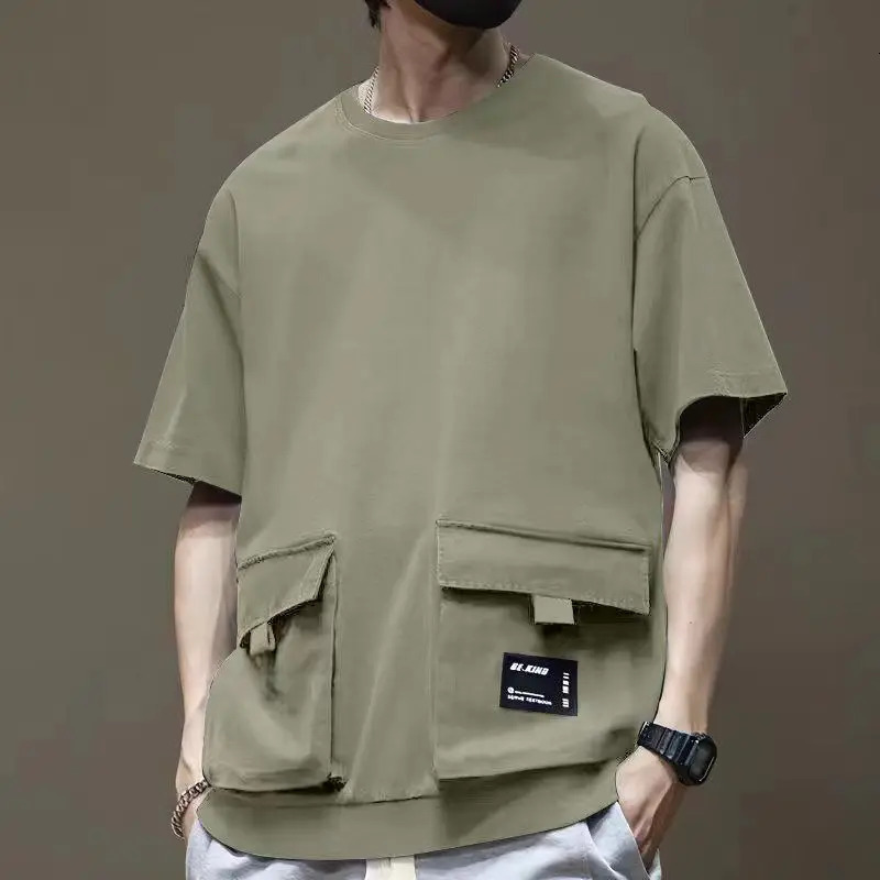 Men Cargo Short Sleeve Tshirt Cotton Round Collar Sports Pocket Running Tee High Street Dropped Shoulder Half TShirts 260302