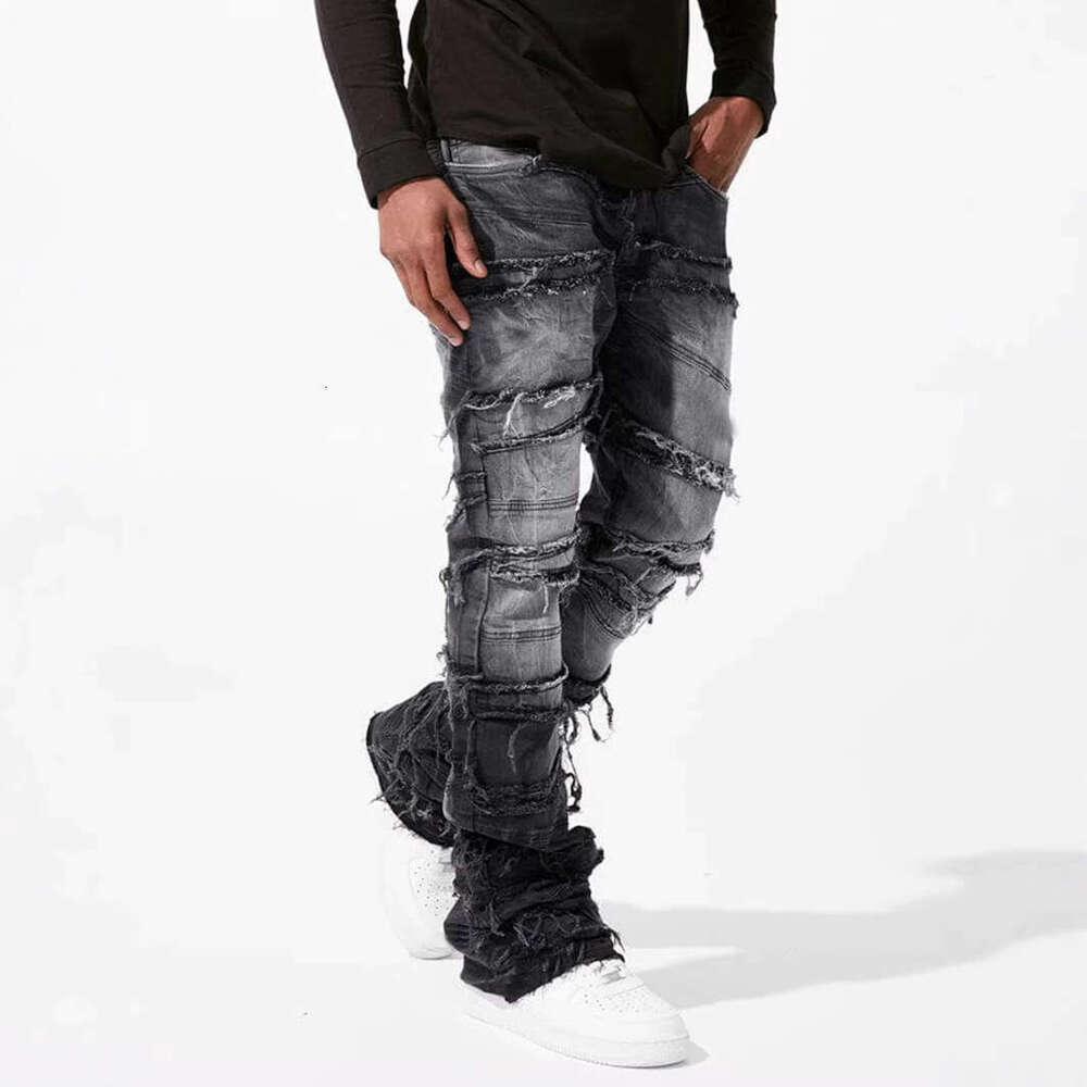 Cross-Border New Men's European and American Street Fashion Ins Hot Elastic Patch Denim Straight Pants