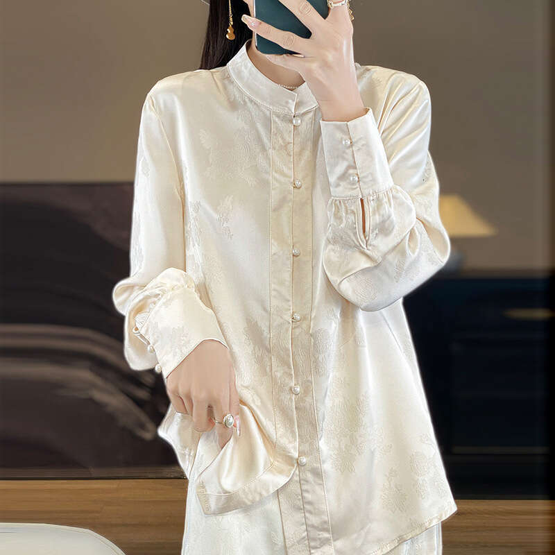 Mardi Hefxessdr Women's Long Sleeve Loose Fit Stand Collar Elegant All-Match Satin Fabric Imitation Chinese style shirt women's clothing