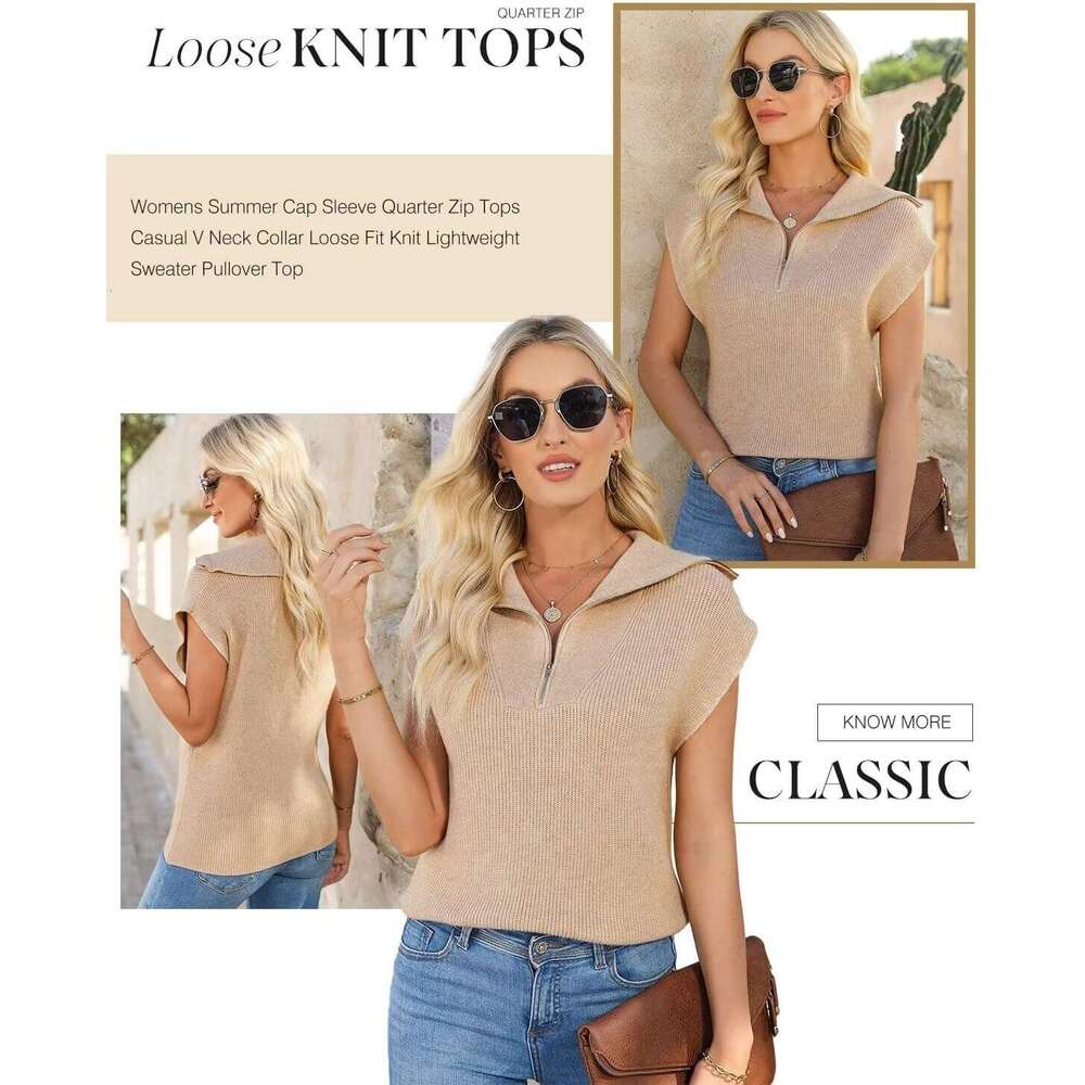 Women's Casual Sleeveless Half Zip Pullover Solid Designer V Neck Collar Ribbed Knitted Loose Sweaters