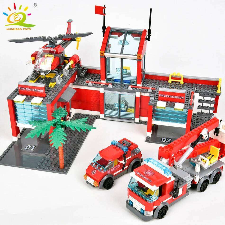 HUIQIBAO 756pcs Fire Station Model Building Blocks Truck Helicopter Firefighter Bricks City Educational Toys For Children Gift Z260306