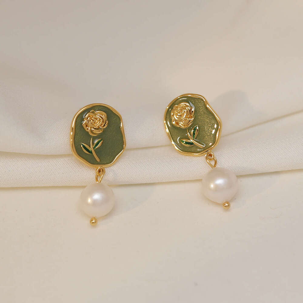 925 Silver Needle French Vintage Court Earrings With Natural Freshwater Pearls And Rose Flower Studs