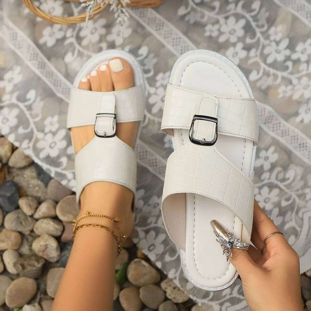 2025 Casual Sandals Women Leather Metal Ankle Buckle Strap Summer Beach Ladies Low Heel Sport Shoes Handmade