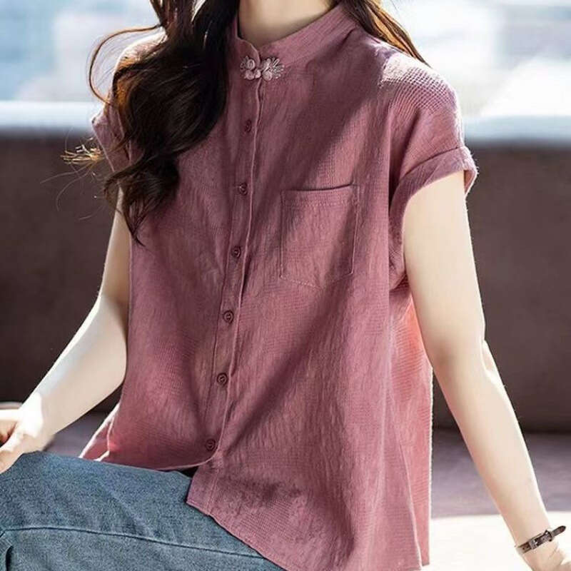 Women Solid Color Summer Chinese Style Retro Pure Cotton Short Sleeve Blouses Fashion Stand Collar Pocket Single-breasted Shirts New Chinese Style top