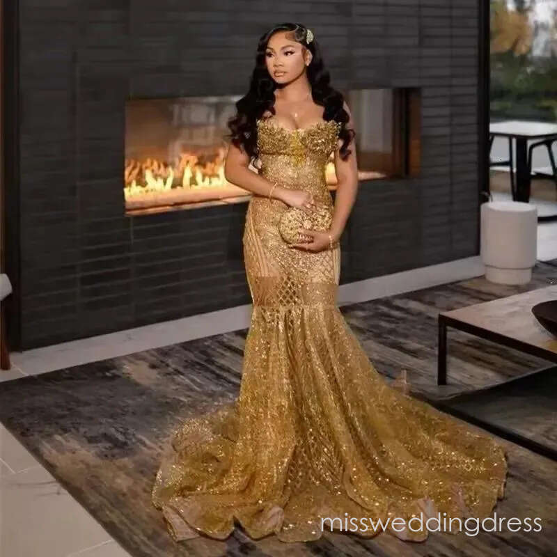 Shinny Gold Prom Dresses Black Girl 2026 Sequin Beading Christmas Party Gowns Mermaid Evening Dress Gala Customized