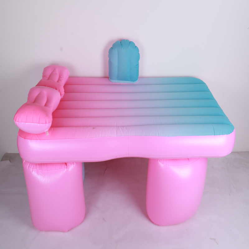 Gradient Inflatable Air Mattress with Built-in Pillow - Portable Single Bed for Camping, Guest Room & Home, Ombre Blue/Pink Design, Thickened PVC Slee