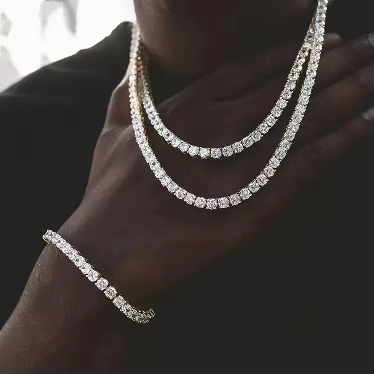 Hip Hop 925 Silver Gra VVS Moissanite Diamond Tennis Chain 3MM 4MM 5MM Necklace Bracelet for Men and Women Hiphop Style