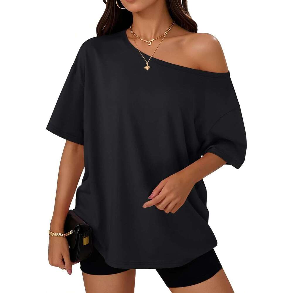 Womens Off The Shoulder Tops Oversized T-Shirts Short Sleeve Tees Summer 2026 Casual Designer Spring Clothes