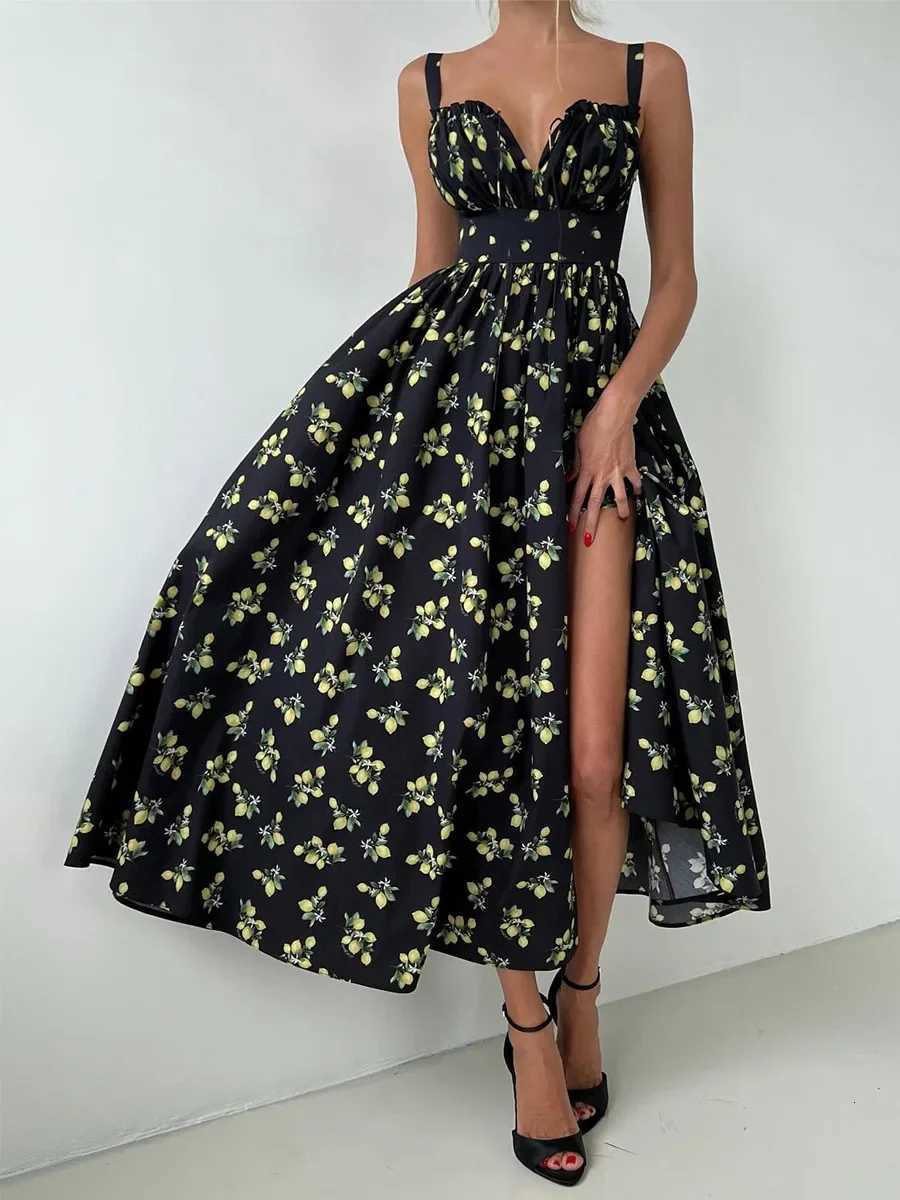 Wolfeel 2025 Summer New Fashion Print Cami Dress Women High Waist Slit Maxi Dress Elegant Vacation Long Dress X260306