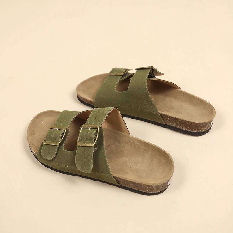 Women's Flat Outdoor Beach Casual Man Sliders Thick Leather Cork Sole Sandals and Slippers