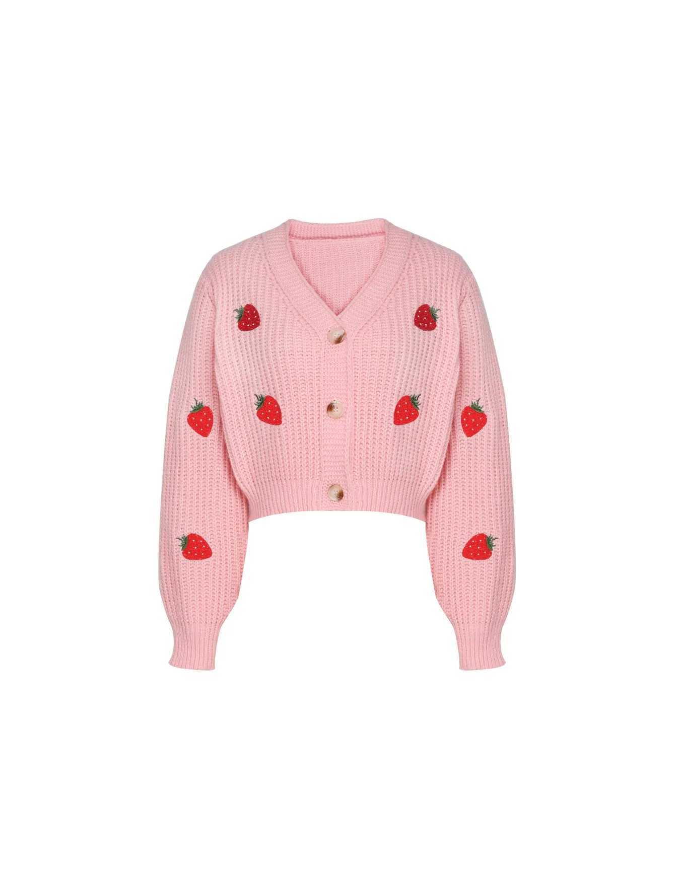 Womens Pink Strawberry Embroidered Button Front Crop Knit Cardigan Casual Long Sleeve Slim Fit Outerwear M260306