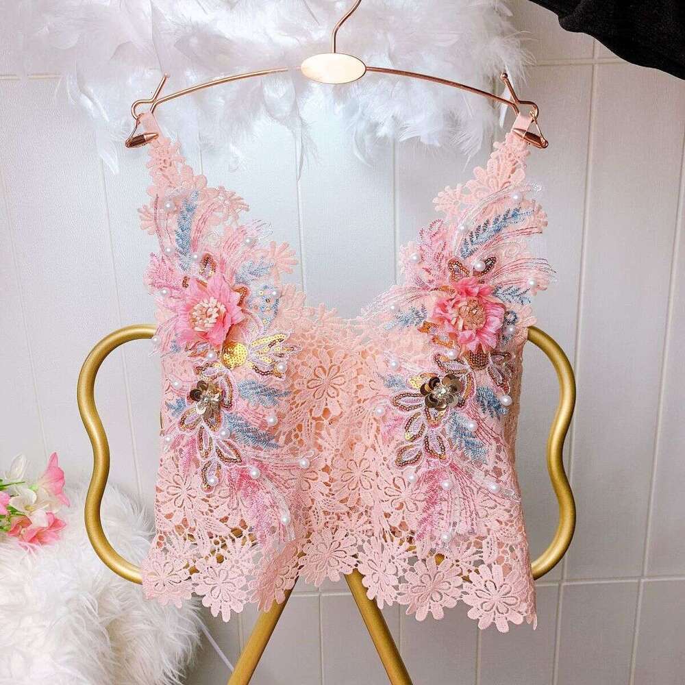 Trendy Popular Backless Camisole Women, Sweet And Elaborate Beaded Three-Dimensional Flowers, Paired With A Lace Bra For Protection Against Exposure A