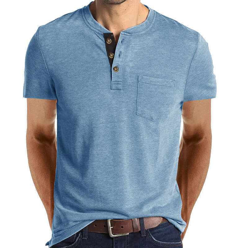 2024 Summer European and American Short Sleeve Foreign Trade Men's Henley T-Shirt Cross-Border Clothing Crew Neck Top