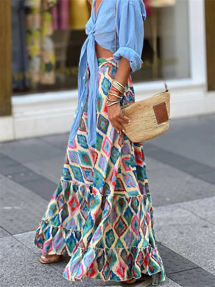 Women Flowy Boho Skirt Printed Ruffled Hem Summer Casual Long Skirt for Beach Vacation Club Streetwear Aesthetic Clothes 260306