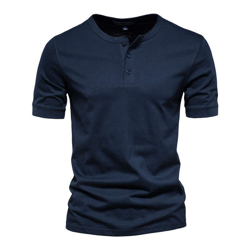 Amazon cross-border men's clothing T-shirt, Henley shirt, European and American slim-fit buttoned round-neck solid color casual sports short-slee
