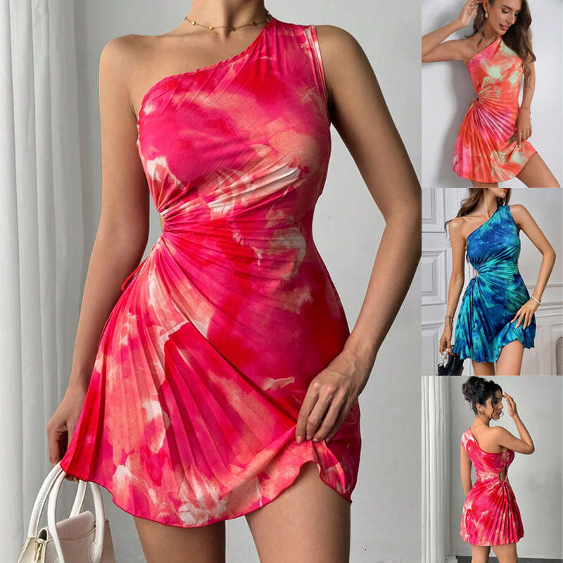 2026 Spring New European and American Sexy Hot Girl Style Printed Pleated Dress Cross-Border Hot-Selling Women's Clothing