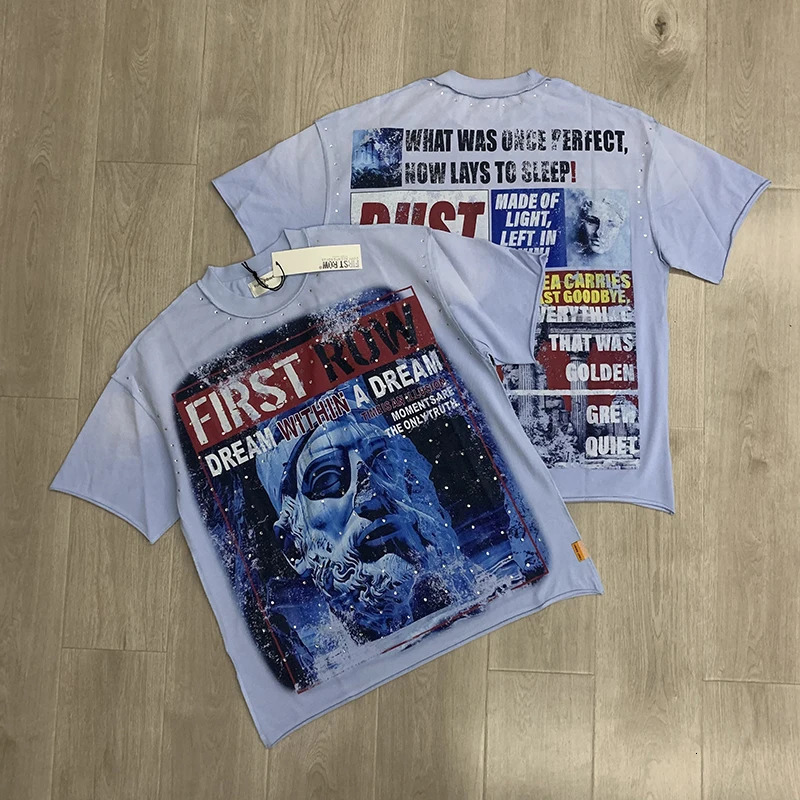 FIRST ROW T-Shirts street fashion American Style Drill Letters Mens Womens High Quality Short Sleeves Black Washed Tee 260304