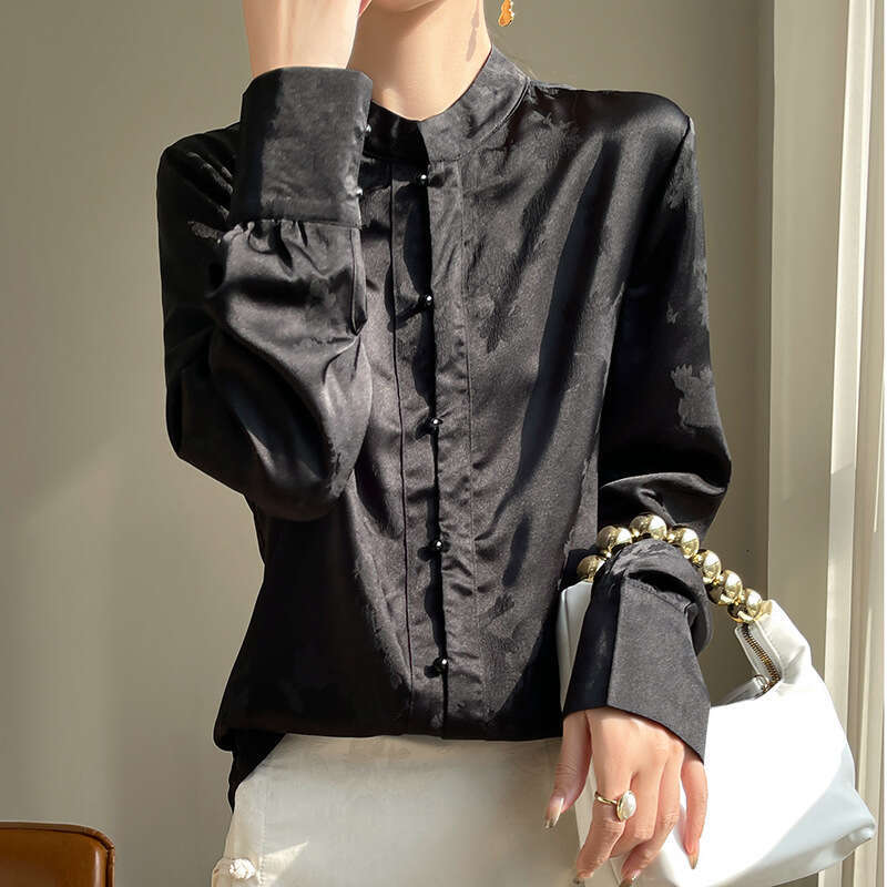 Mardi Hefxessdr Women's Long Sleeve Loose Fit Stand Collar Elegant All-Match Satin Fabric Imitation Chinese style shirt women's clothing