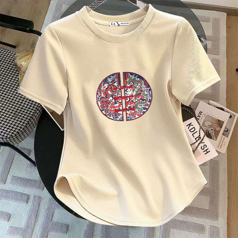 New Chinese Lightweight Embroidered Button Design short Women's Summer T-irt White Faionable Slim Fit round neck top Leisure multifunctional T-sl