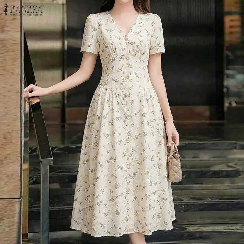 2026 ZANZEA Summer Sundress Women Floral Printed Dresses Stylish V Neck Short Sleeve Holiday Robe Elegant A Line Party Dress X260306