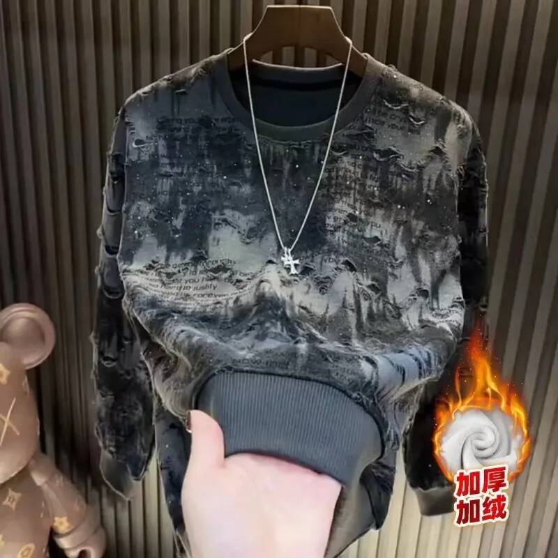 Style Autumn Winter Velvet Sweatshirt Men's Baby's Breath Hot Diamond Top Round Neck Long-sleeved T-shirt Bottoming Shirt