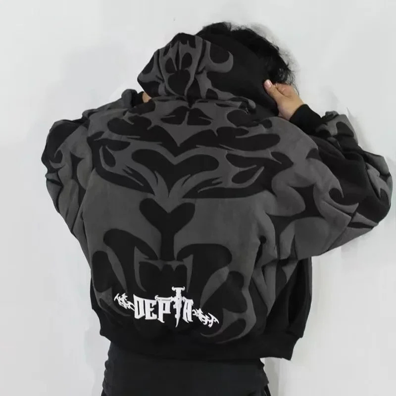 Tiger Gray Sweater Men High Street American Retro Hip Hop Y2K Zipper Hooded Sweater Couple Casual Sweatshirt Unisex Tops Coat 260227